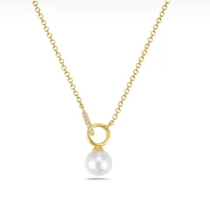 14k Gold Diamond & Freshwater Pearl Drop Necklace