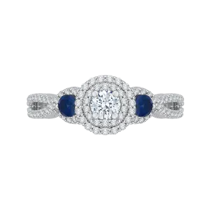 14K White Gold Round Cut Diamond And Sapphire Three Stone Halo Engagement Ring