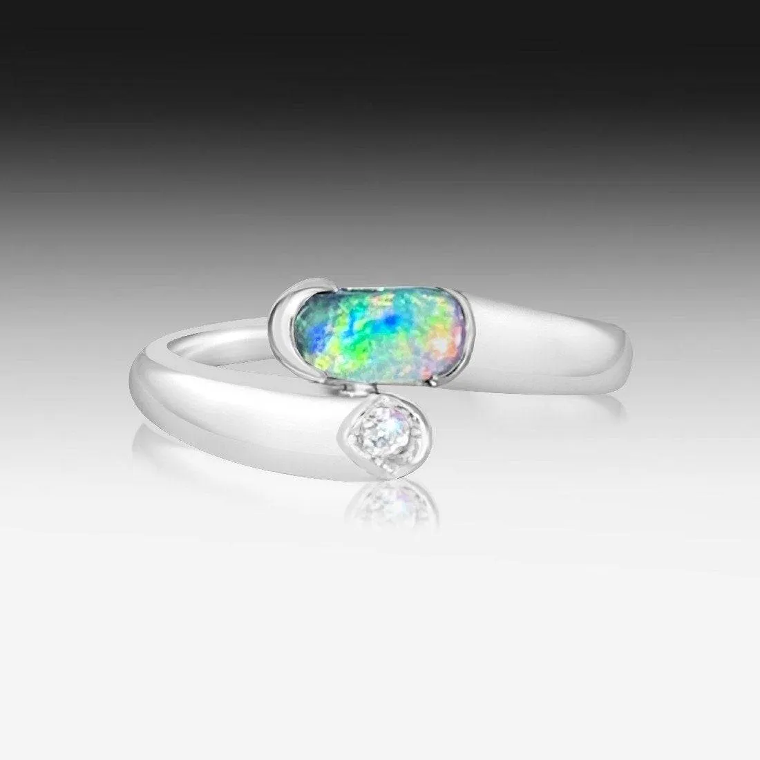 14kt White Gold Black Opal and Diamond split shank ring