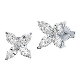 18K White Gold Marquise Diamond Flower Design Stud Earrings