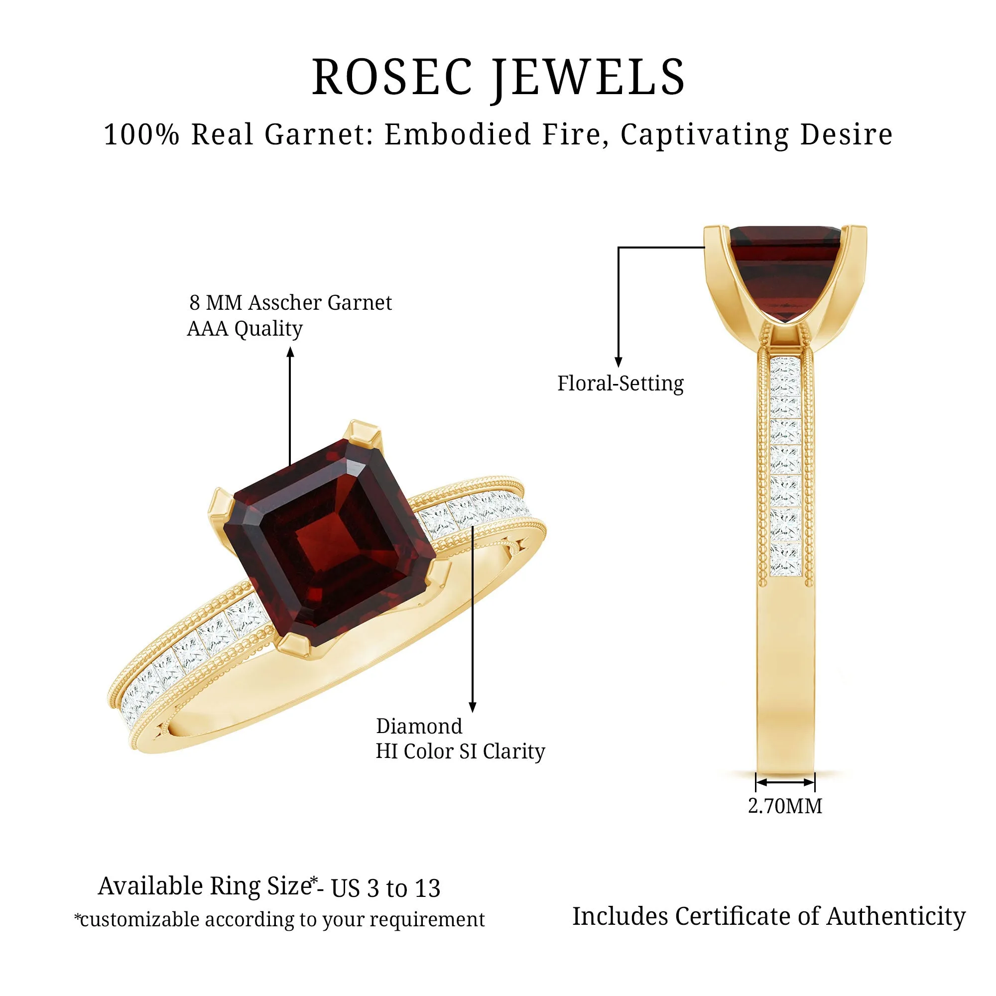 3.25 CT Asscher Cut Garnet Solitaire Engagement Ring with Diamond