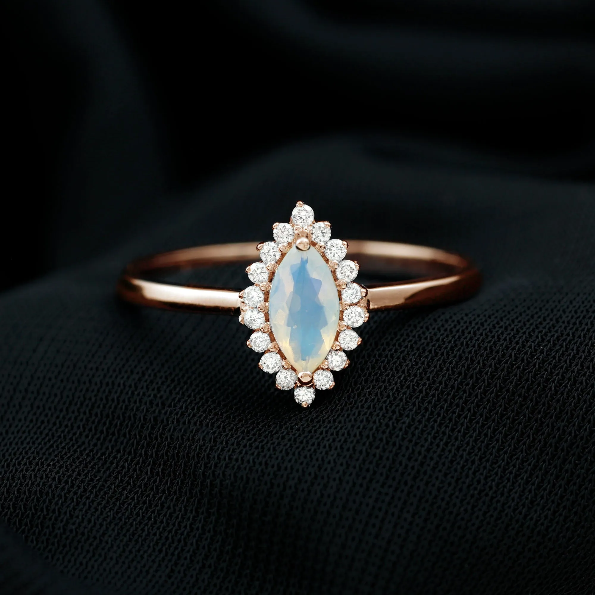 3/4 CT Marquise Shape Ethiopian Opal and Diamond Halo Engagement Ring