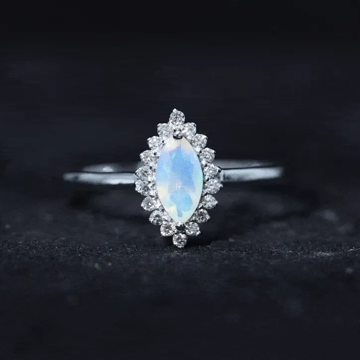 3/4 CT Marquise Shape Ethiopian Opal and Diamond Halo Engagement Ring