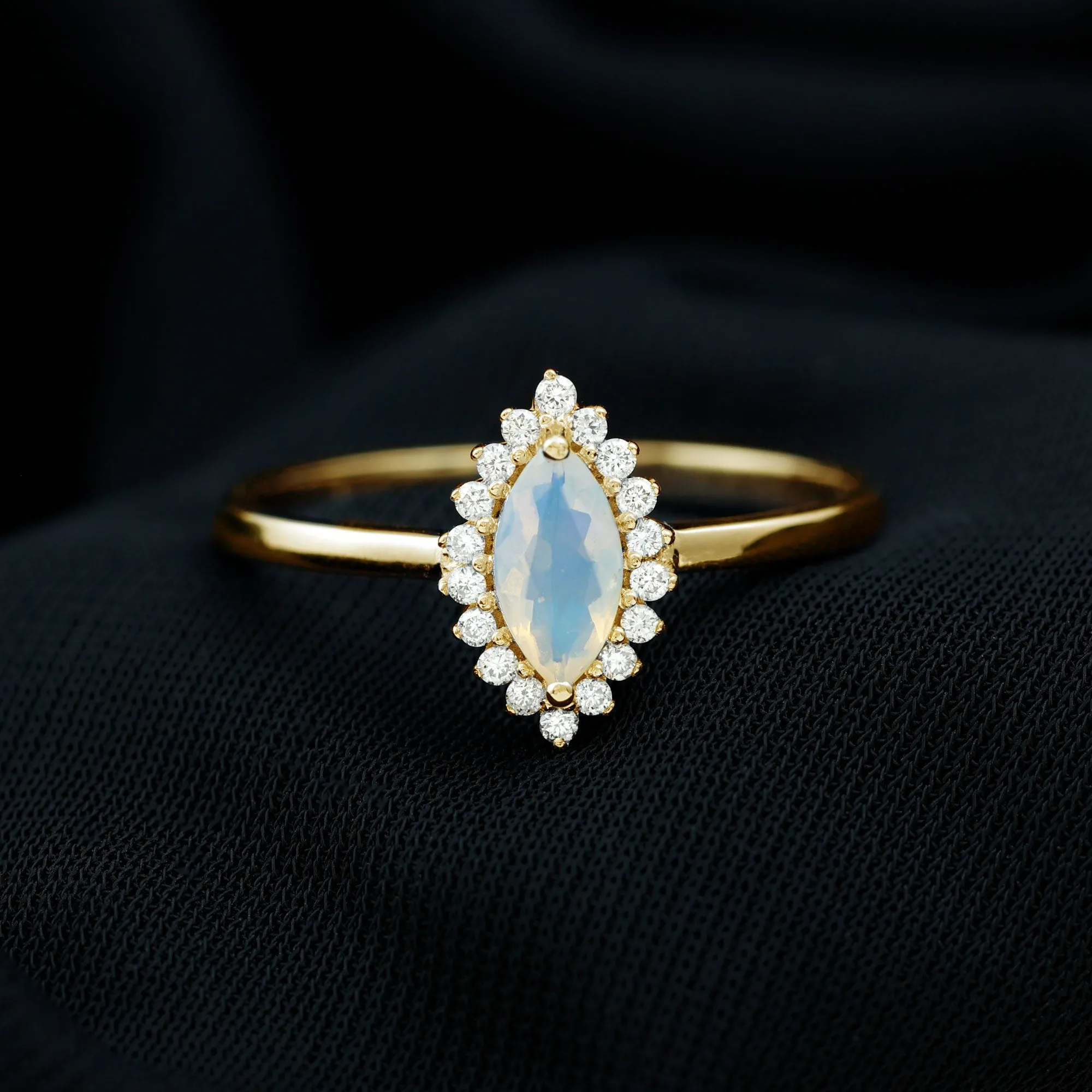 3/4 CT Marquise Shape Ethiopian Opal and Diamond Halo Engagement Ring