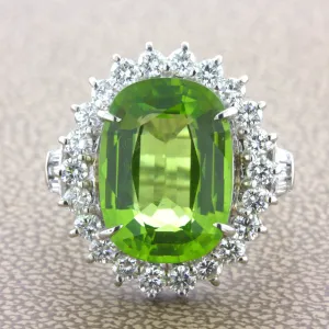 7.92 Carat Peridot Diamond Halo Platinum Ring