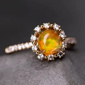 Adorable Orange Fire Opal & Halo Diamond Engagement Ring 18K Yellow Gold