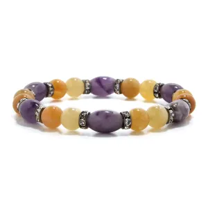 Amethyst and Yellow Jade with Crystal Accent 8mm Beads Gemstone Elastic Bracelet