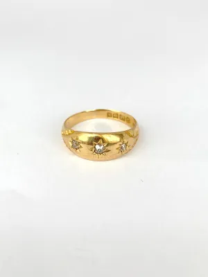 Antique, 18ct Gold, Old Cut Diamond, 3 Star, Gypsy Ring, Hallmarked Birmingham, 1907