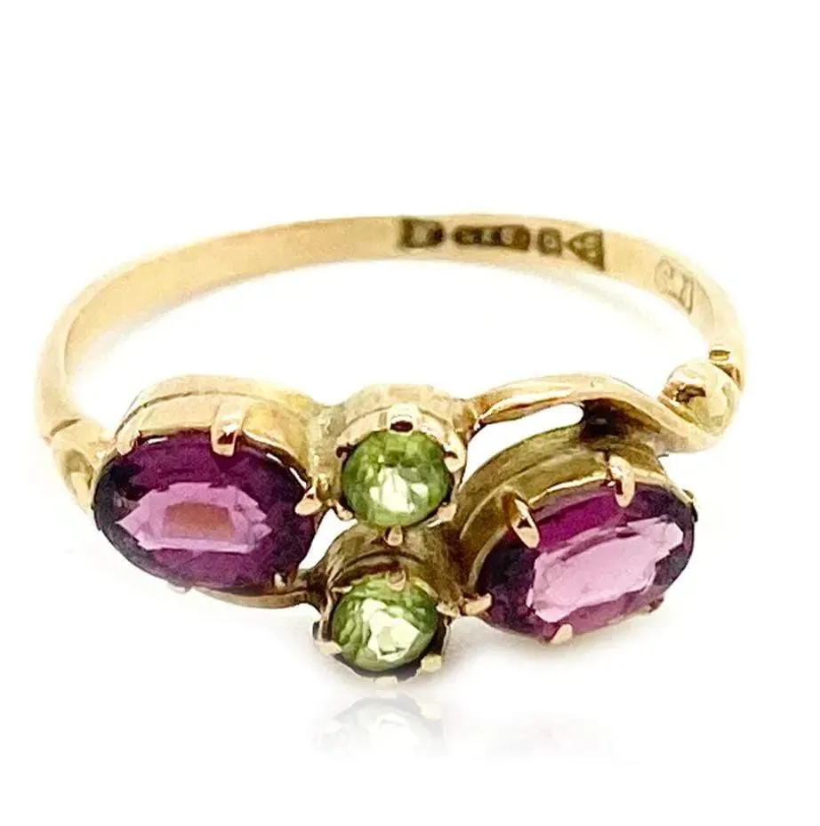 Antique 1912 Rhodolite Garnet Peridot 9ct Gold Ring