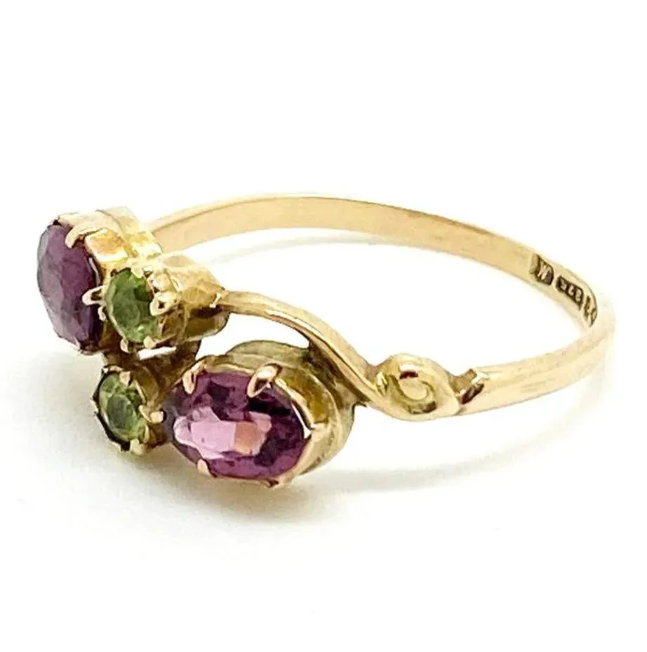 Antique 1912 Rhodolite Garnet Peridot 9ct Gold Ring