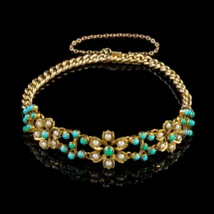 Antique Victorian Turquoise Pearl Forget Me Not Bracelet 15Ct Gold Circa 1880