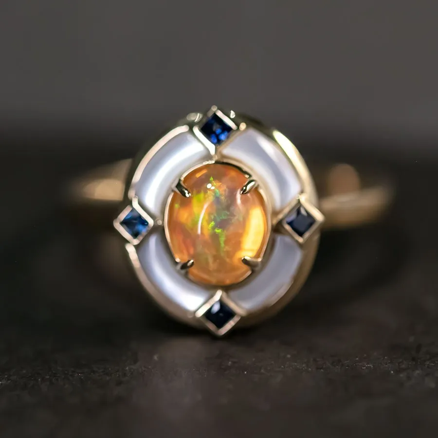 Art Deco Style Mexican Fire Opal Sapphire Engagement Ring 18K Yellow Gold