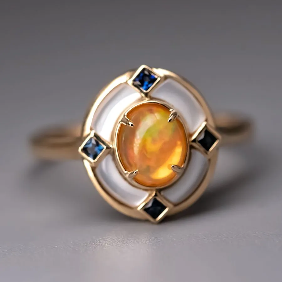 Art Deco Style Mexican Fire Opal Sapphire Engagement Ring 18K Yellow Gold