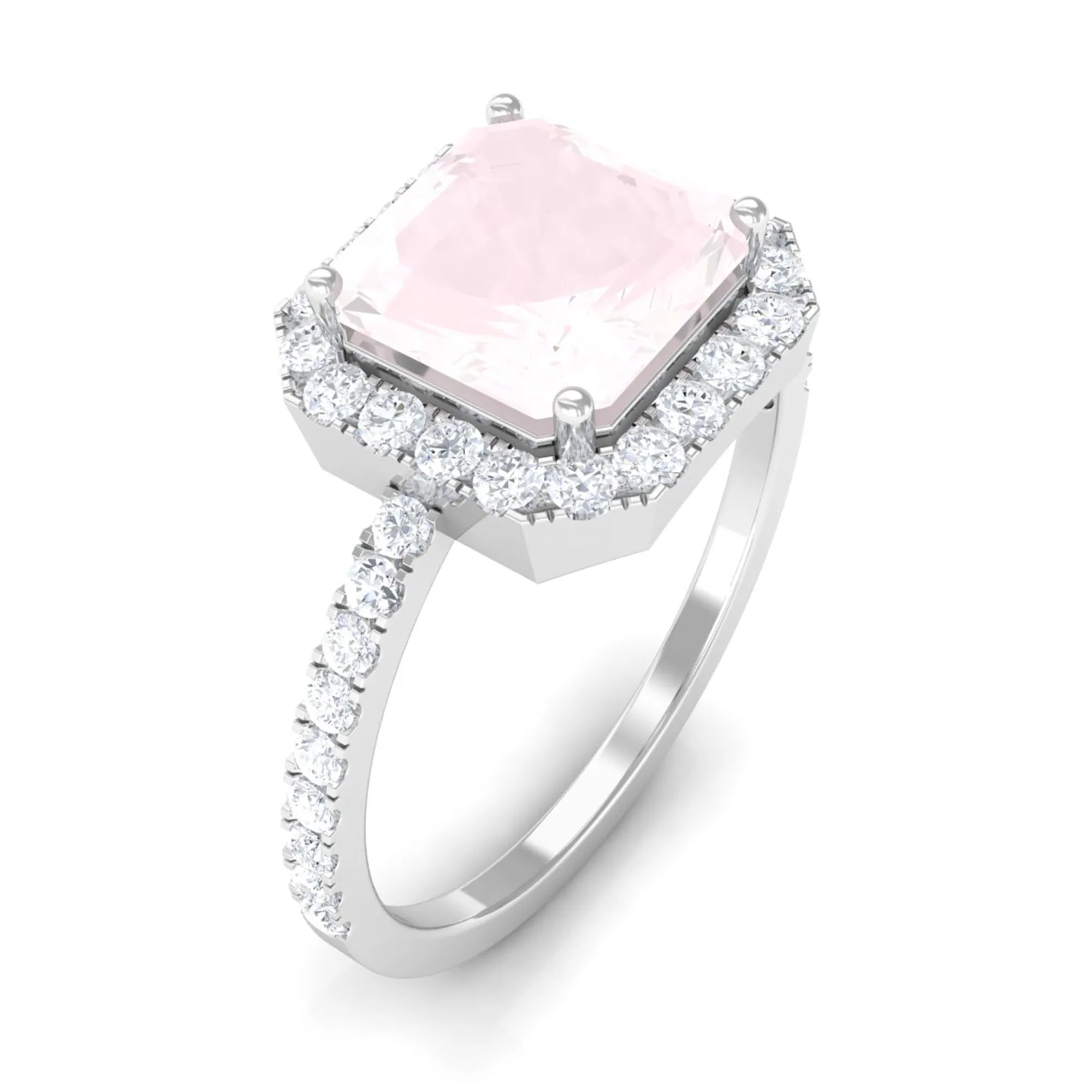 Asscher Cut Rose Quartz Halo Engagement Ring with Diamond