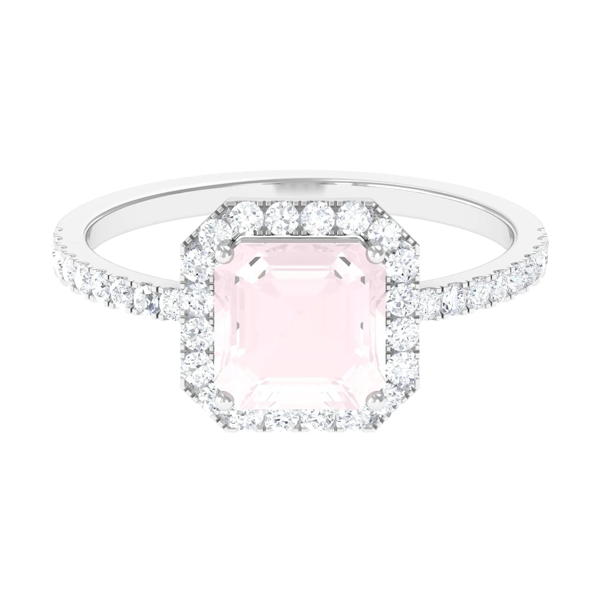 Asscher Cut Rose Quartz Halo Engagement Ring with Diamond