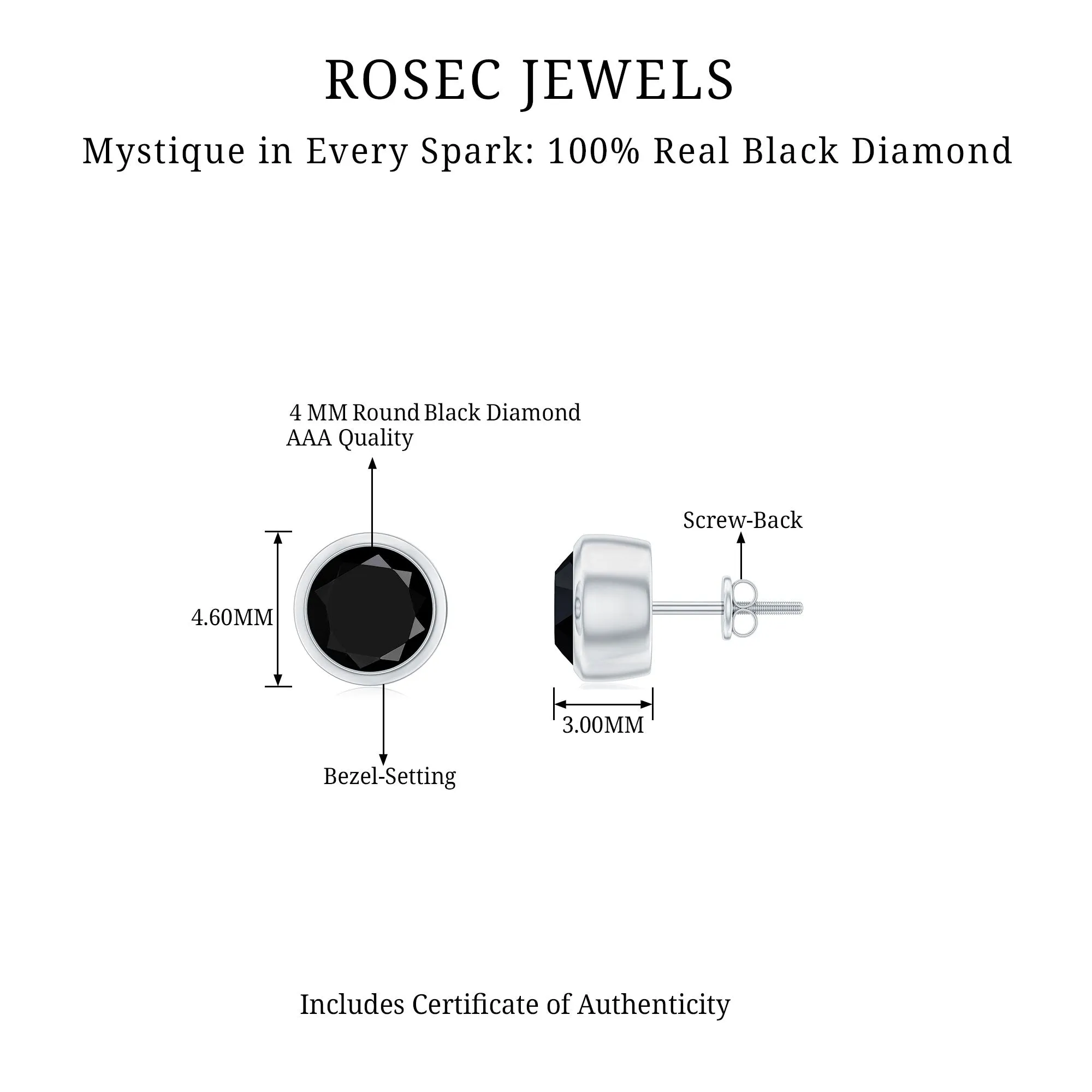 Bezel Set Round Shape Solitaire Black Diamond Stud Earrings