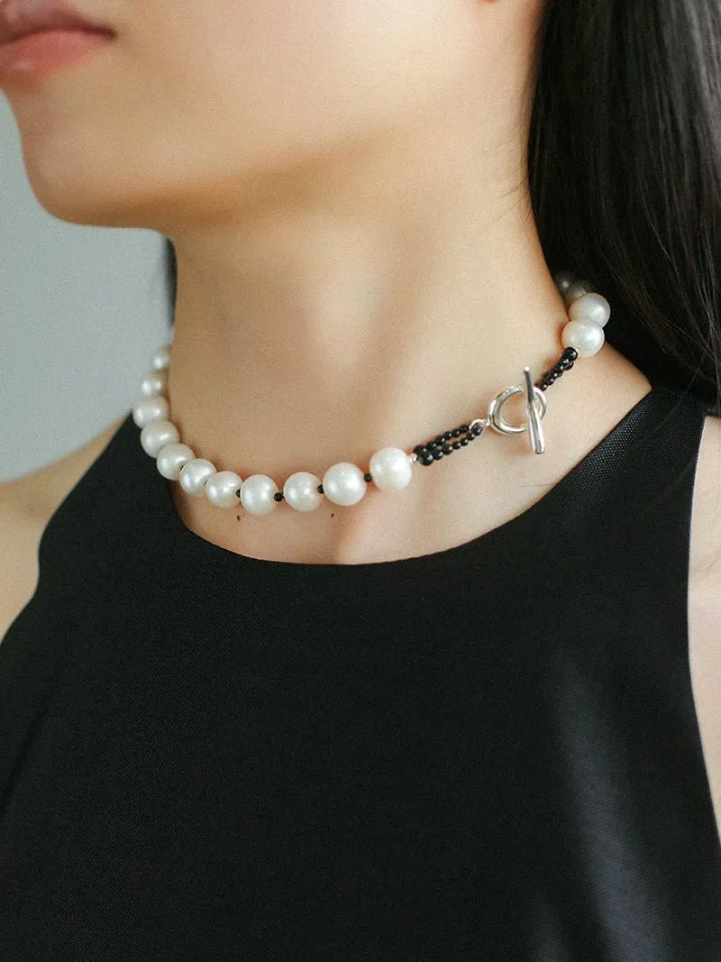 Black Spinel and Round Baroque Pearl OT Weaving Choker