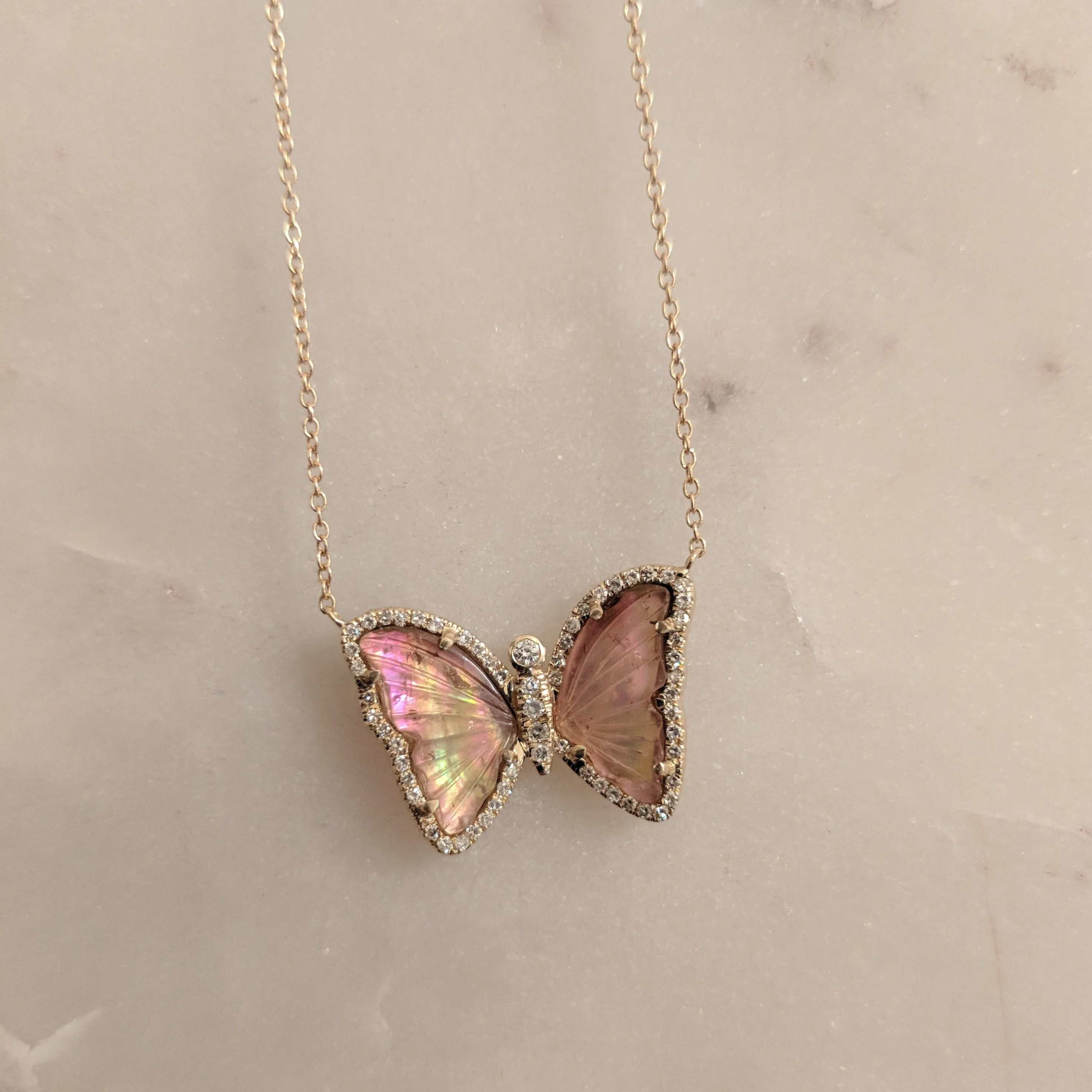 Butterfly Necklace With Pink Tourmaline and Pearl