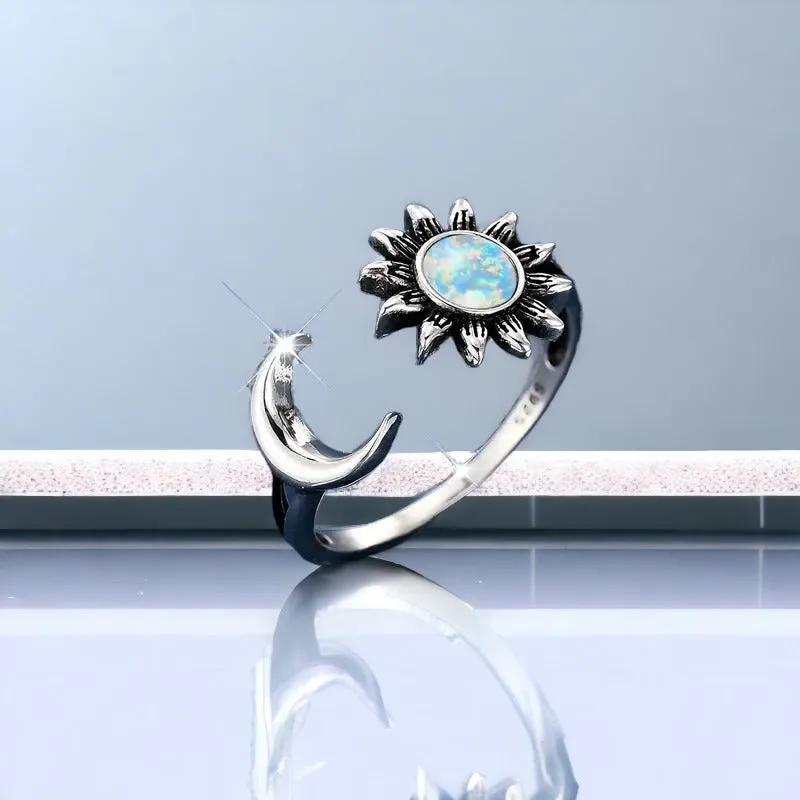 Crescent Moon Sun Opal Cuff Ring-Adjustable