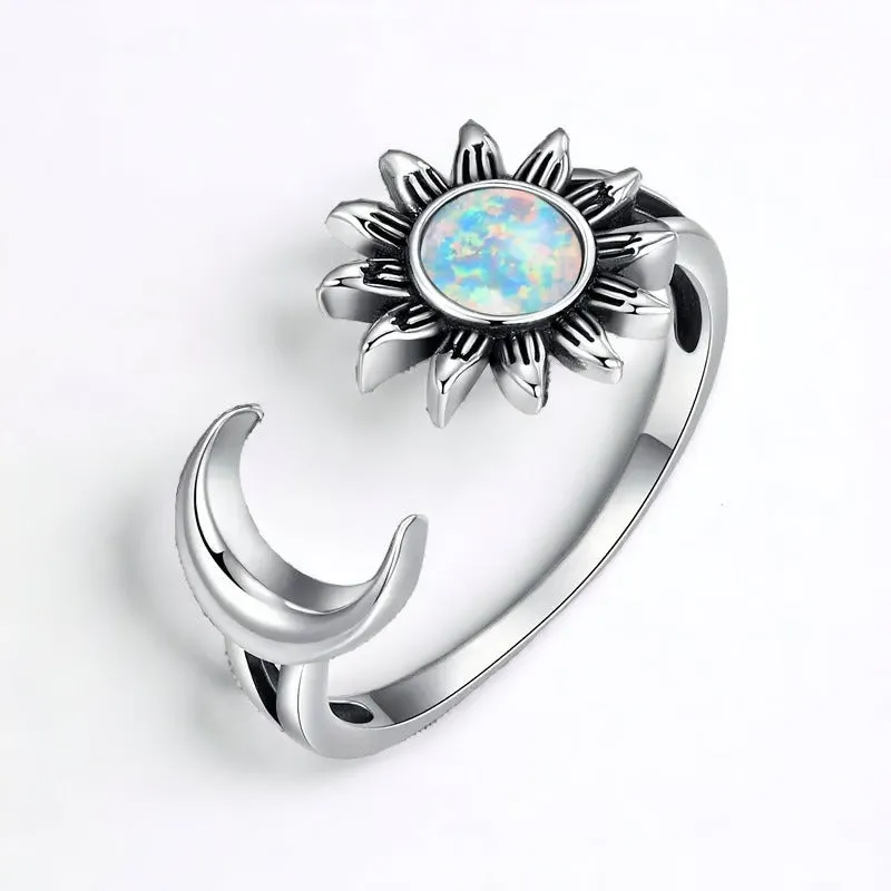 Crescent Moon Sun Opal Cuff Ring-Adjustable