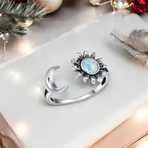 Crescent Moon Sun Opal Cuff Ring-Adjustable