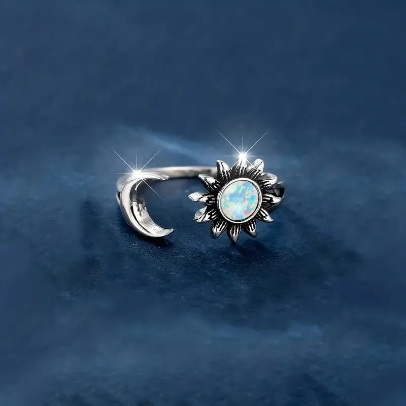 Crescent Moon Sun Opal Cuff Ring-Adjustable