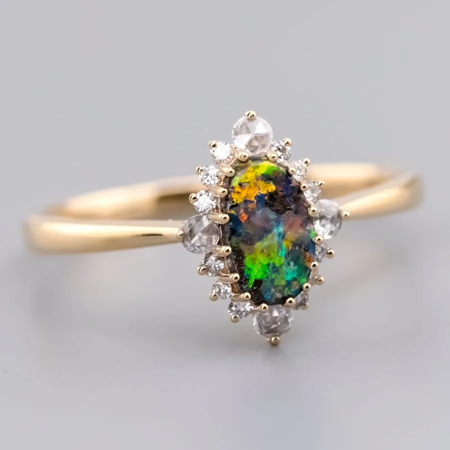 Diamond Shaped Boulder Opal Diamond Engagement Wedding Ring 18K Yellow Gold