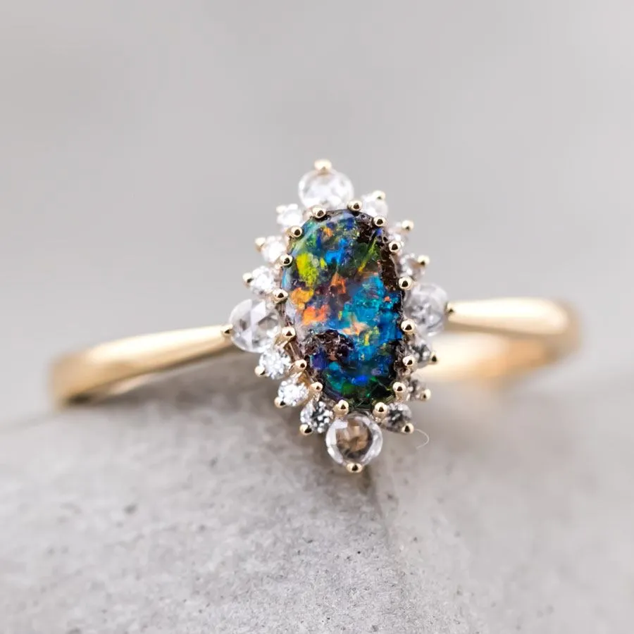 Diamond Shaped Boulder Opal Diamond Engagement Wedding Ring 18K Yellow Gold