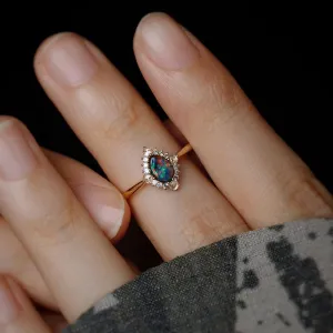 Diamond Shaped Boulder Opal Diamond Engagement Wedding Ring 18K Yellow Gold