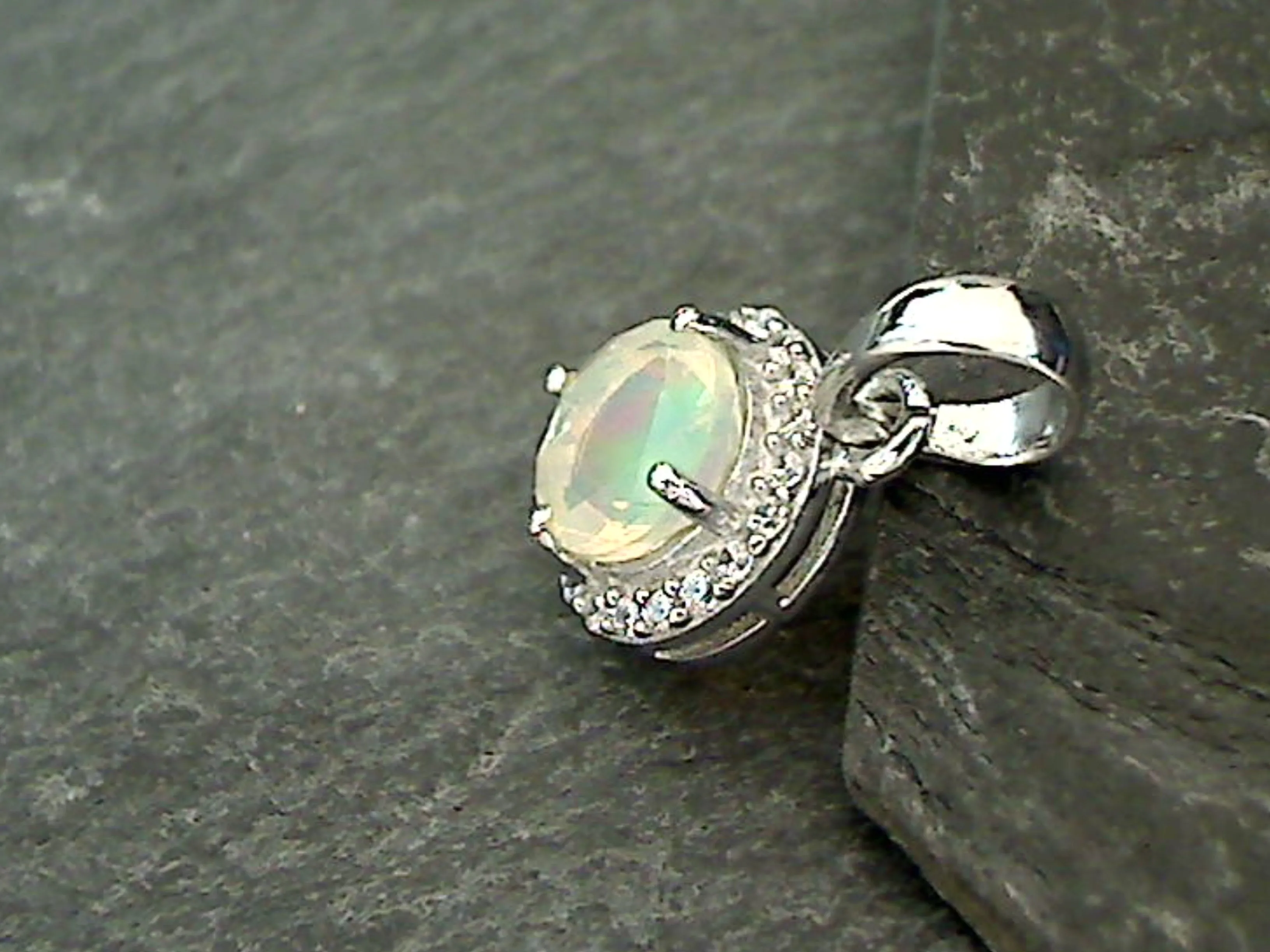 Ethiopian Opal, CZ, Sterling Silver Small Pendant