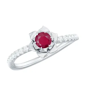 Floral Inspired Ruby Rose Engagement Ring with Diamond