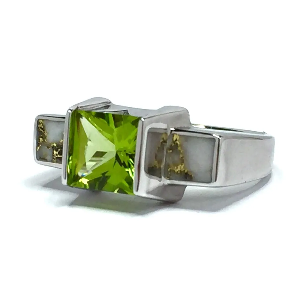 Gold Quartz Ring Double Sided Inlaid with Princess Cut Peridot