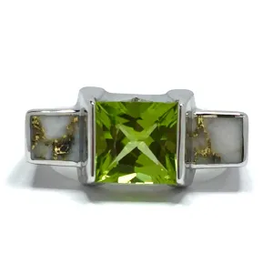 Gold Quartz Ring Double Sided Inlaid with Princess Cut Peridot