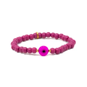 Hot Pink Wooden Bead Bracelet - Evil Eye