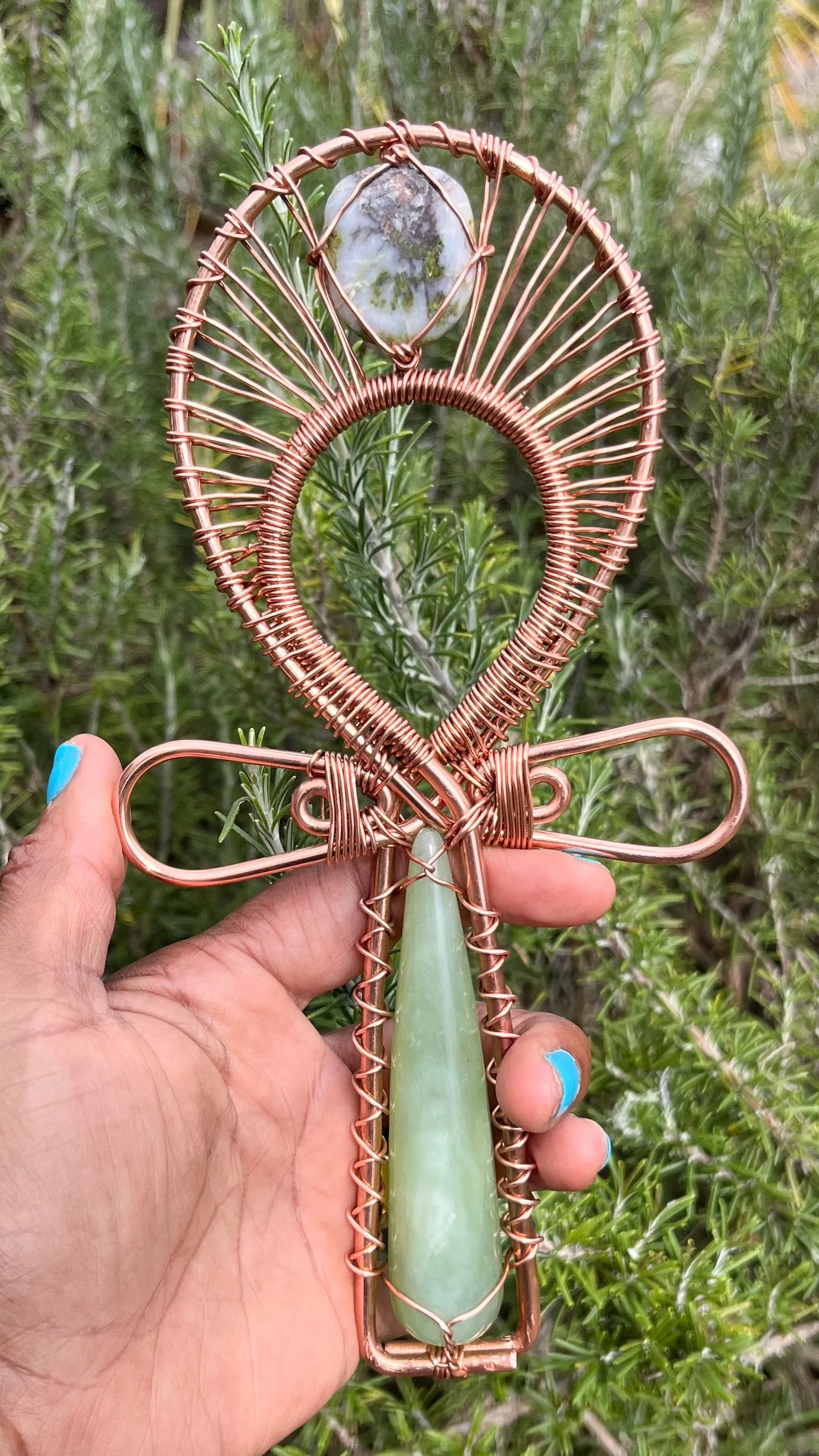 Jade and Peridot in Copper Handheld Copper Ankh