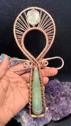 Jade and Peridot in Copper Handheld Copper Ankh