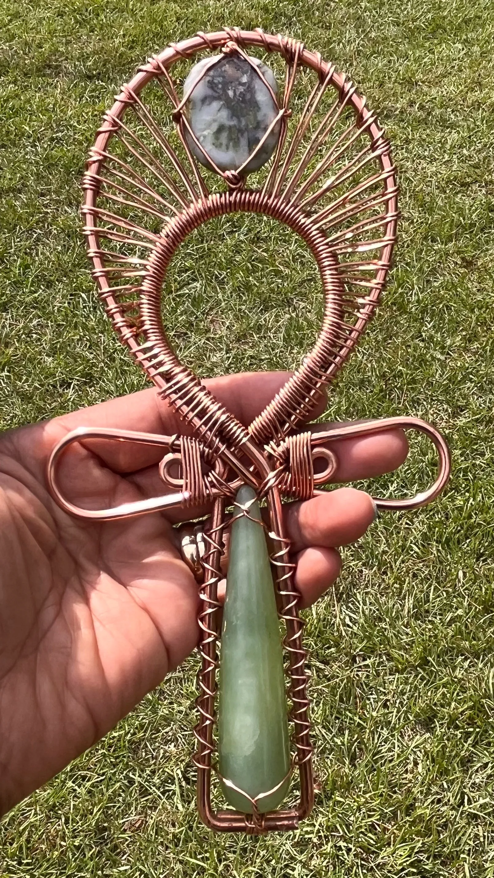 Jade and Peridot in Copper Handheld Copper Ankh