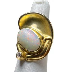 Modernist 'Demaret' White Fire Opal and Diamond 18K Yellow Gold Ring