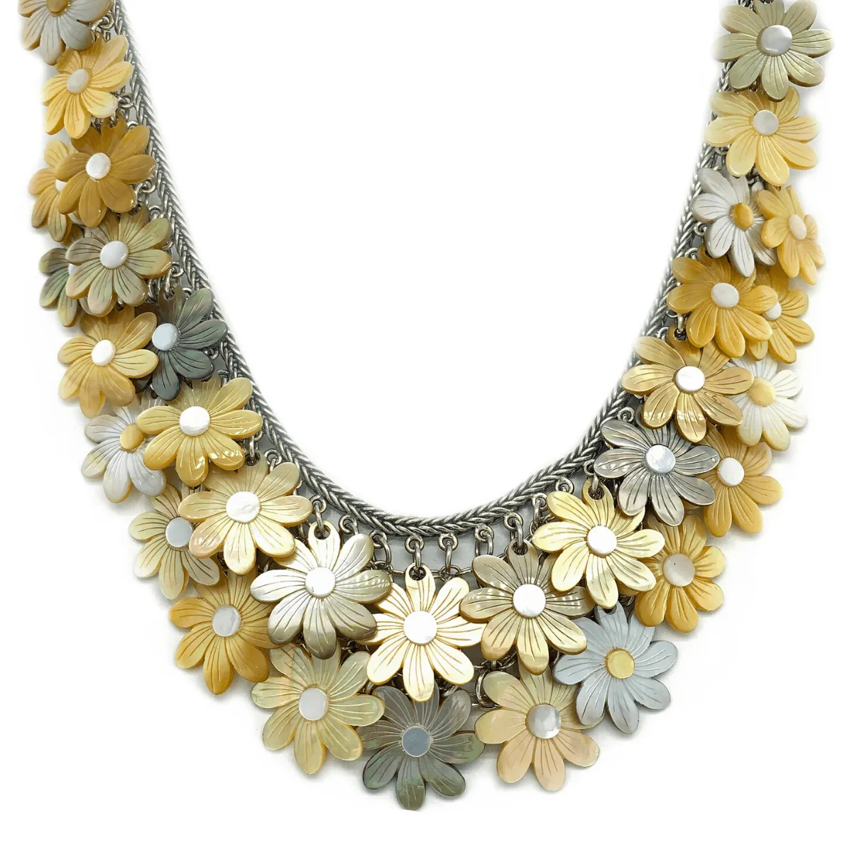 Mother-of-Pearl Daisies & Sterling Silver Mesh Necklace