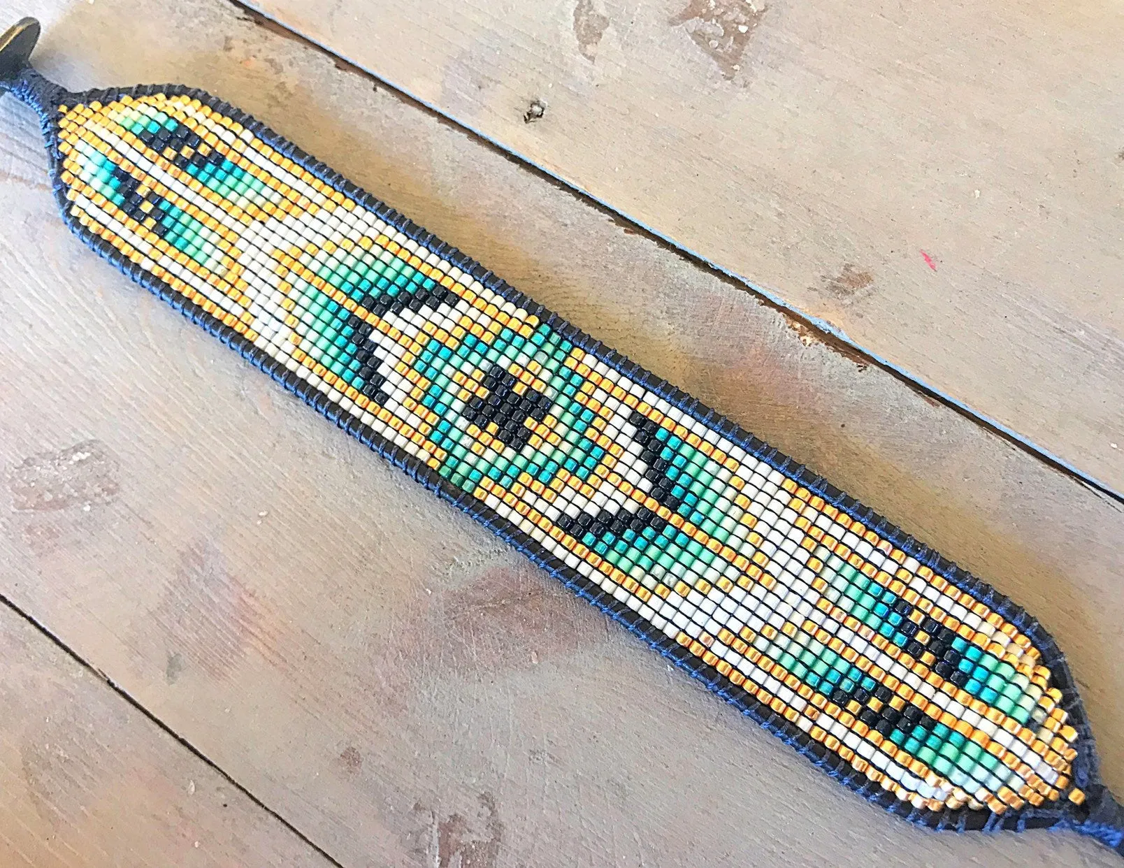 Navy,Teal, and Gold Bohemian Loom Woven Southwestern Tribal Beaded Bracelet