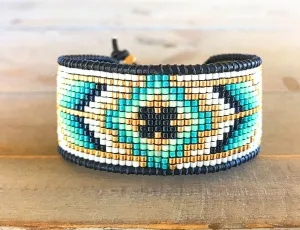 Navy,Teal, and Gold Bohemian Loom Woven Southwestern Tribal Beaded Bracelet