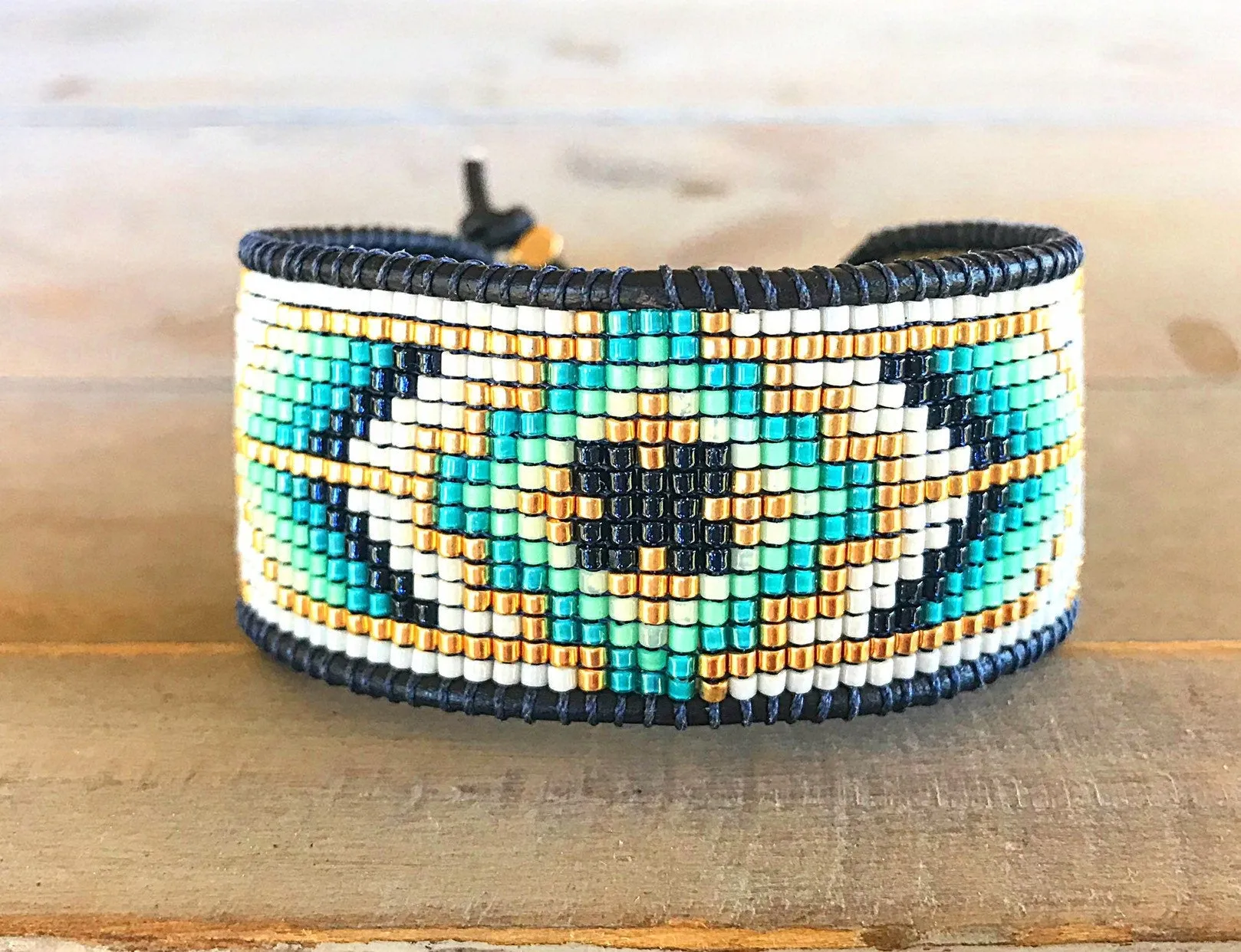 Navy,Teal, and Gold Bohemian Loom Woven Southwestern Tribal Beaded Bracelet