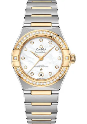 Omega Constellation Manhattan Co-Axial Master Chronometer Watch - 29 mm Steel And Yellow Gold Case - Diamond-Paved Bezel - Mother-Of-Pearl Diamond Dial - 131.25.29.20.55.002