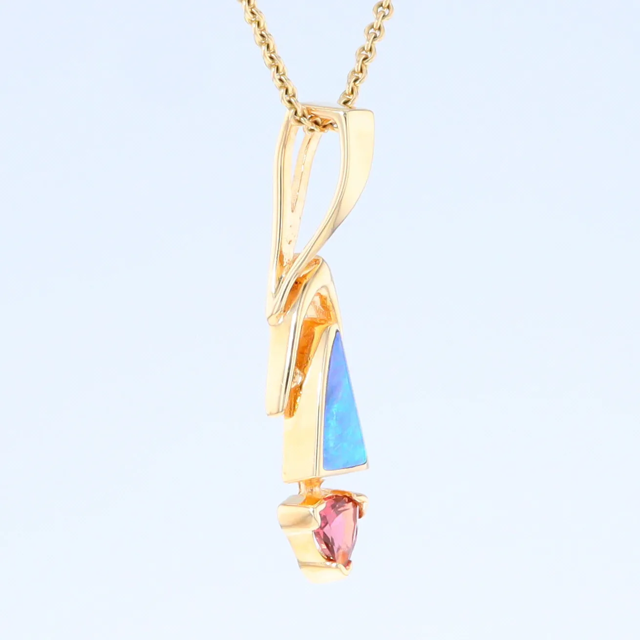 Opal Pendant Triangle Inlaid Design with Trillion Cut Tourmaline