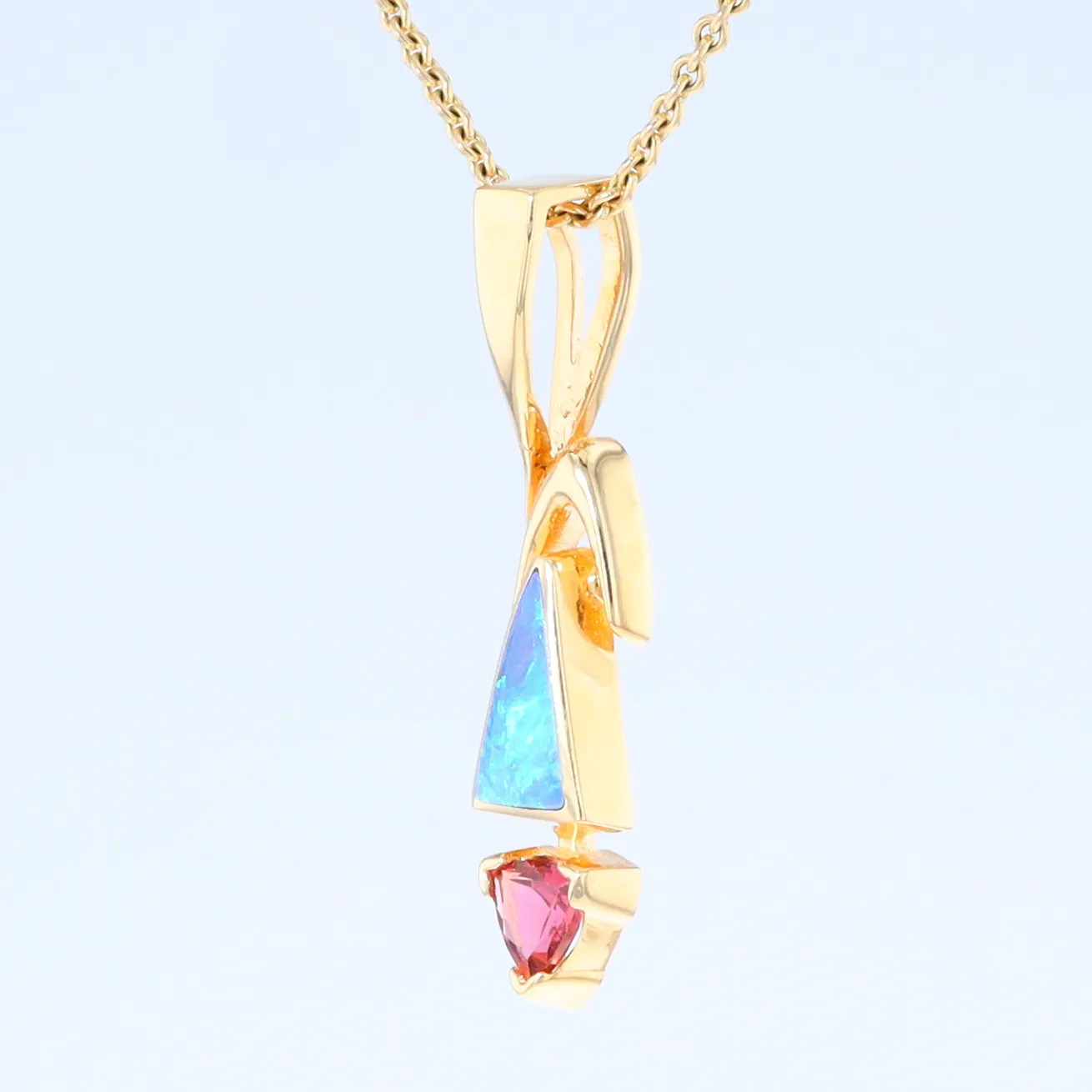 Opal Pendant Triangle Inlaid Design with Trillion Cut Tourmaline