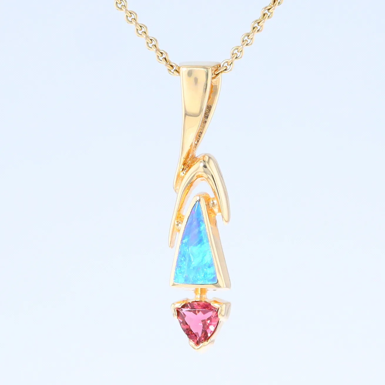 Opal Pendant Triangle Inlaid Design with Trillion Cut Tourmaline