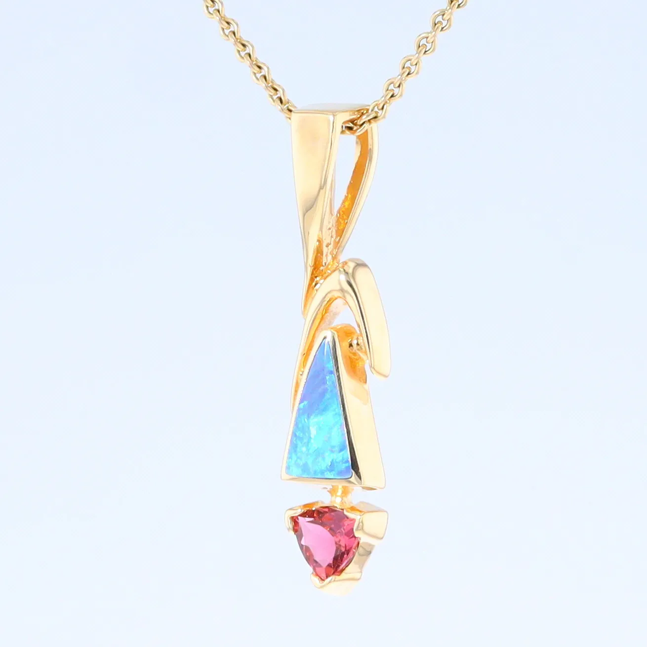 Opal Pendant Triangle Inlaid Design with Trillion Cut Tourmaline