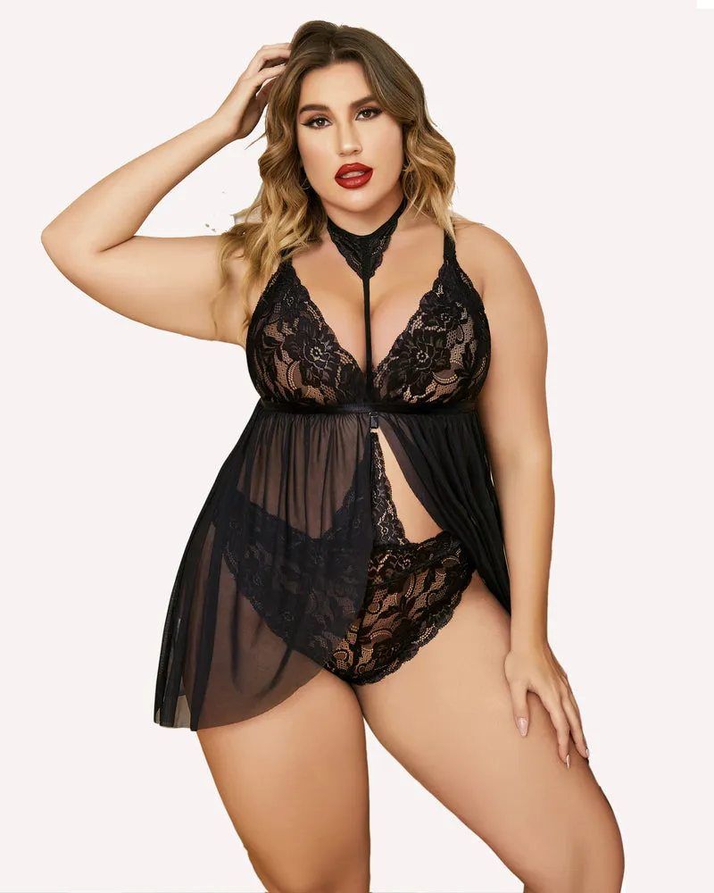 Plus Size Lace Babydoll Mesh Choker Sleepwear