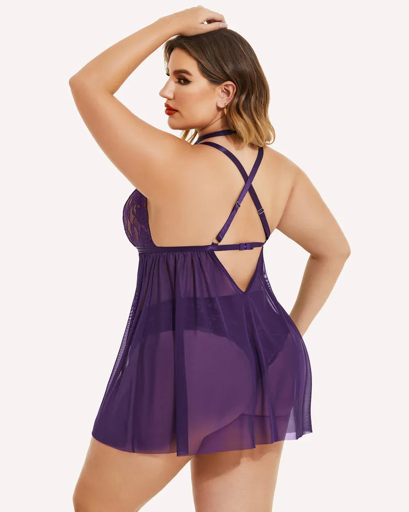 Plus Size Lace Babydoll Mesh Choker Sleepwear