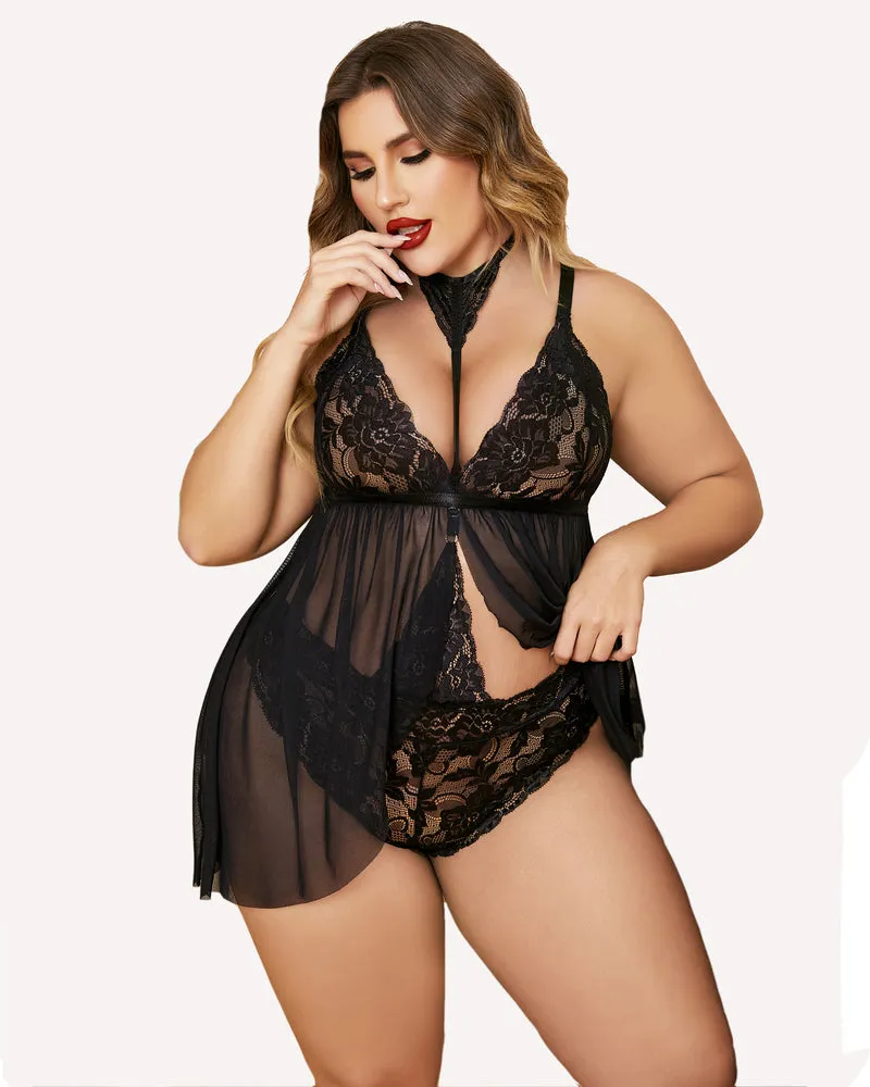 Plus Size Lace Babydoll Mesh Choker Sleepwear